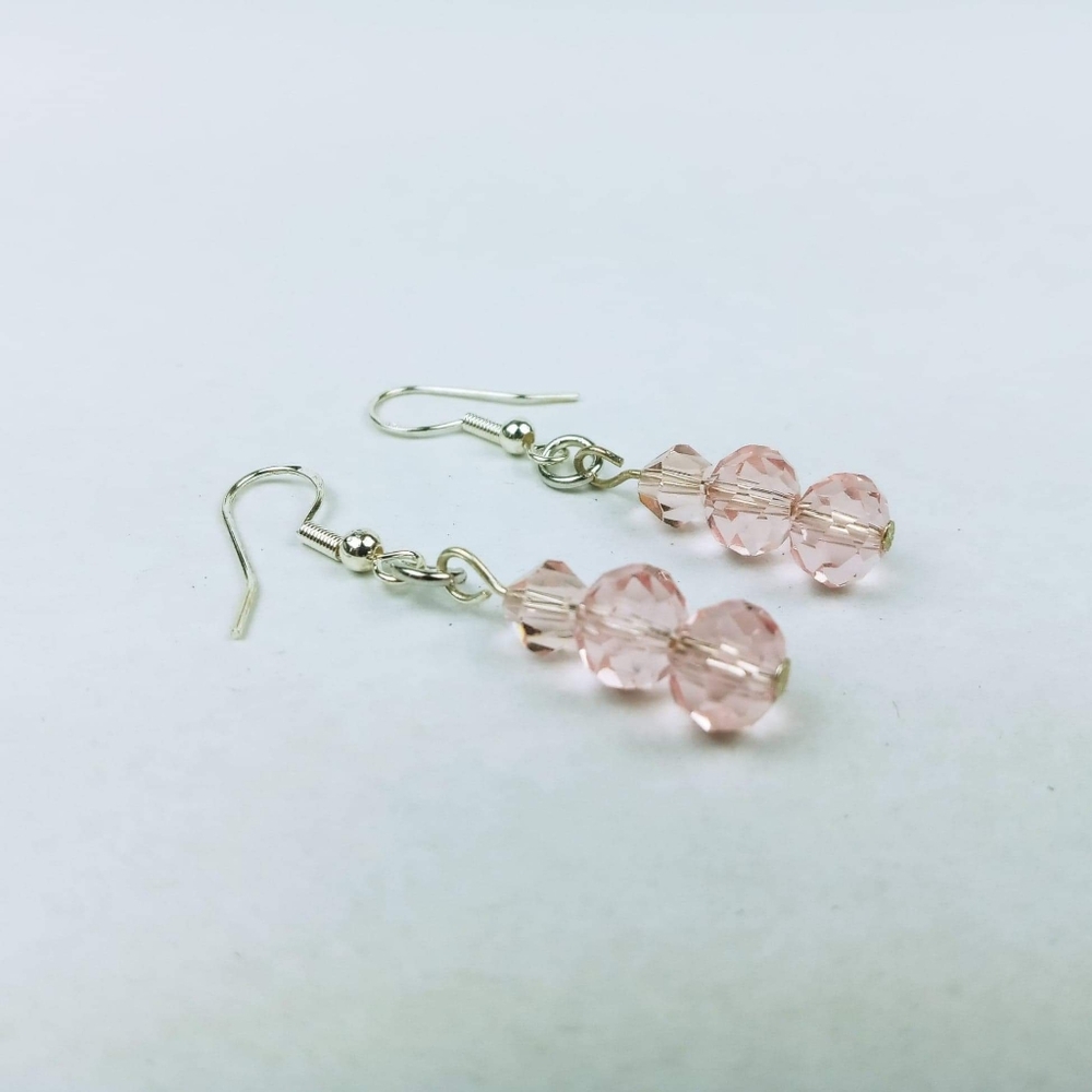 Simple Light Pink faceted glass bead tiered dangle earrings - Picture 3 of 3